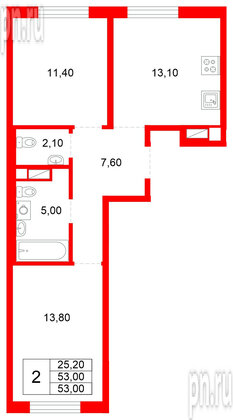 Квартира в ЖК «Плюс Пулковский», 2 комнатная, 53 м², 5 этаж