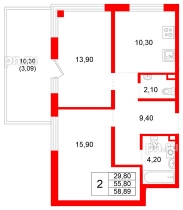 Квартира в ЖК «Плюс Пулковский», 2 комнатная, 58.89 м², 1 этаж