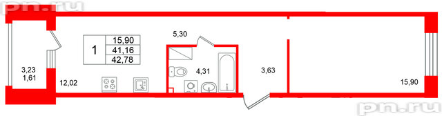 Квартира в ЖК «Респект», 1 комнатная, 42.78 м², 3 этаж