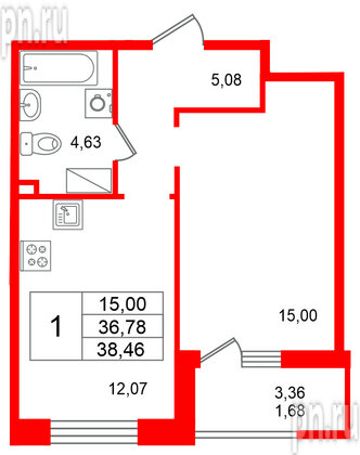 Квартира в ЖК «Респект», 1 комнатная, 38.46 м², 4 этаж