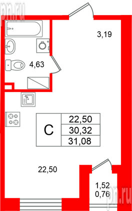 Квартира в ЖК «Респект», студия, 31.08 м², 12 этаж