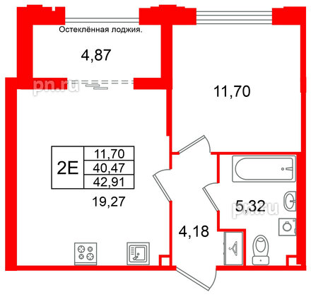 Квартира в ЖК Кристалл Холл, 1 комнатная, 40.47 м², 2 этаж