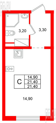 Квартира в ЖК «Ручьи–2», студия, 21.4 м², 13 этаж