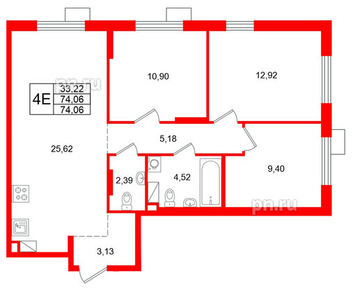 Квартира в ЖК А101 Лаголово, 3 комнатная, 74.06 м², 7 этаж