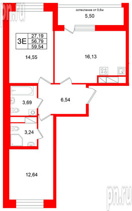 Квартира в ЖК Титул в Московском, 2 комнатная, 56.79 м², 7 этаж