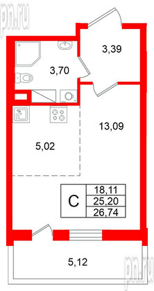 Квартира в ЖК «Титул в Московском», студия, 25.2 м², 8 этаж