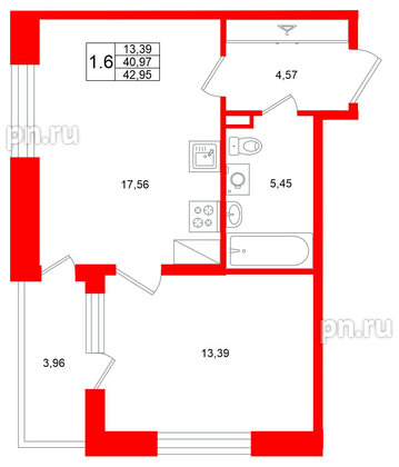 Квартира в ЖК Титул в Московском, 1 комнатная, 40.97 м², 9 этаж