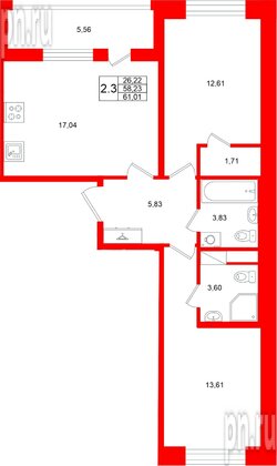 Квартира в ЖК Титул в Московском, 2 комнатная, 58.23 м², 12 этаж