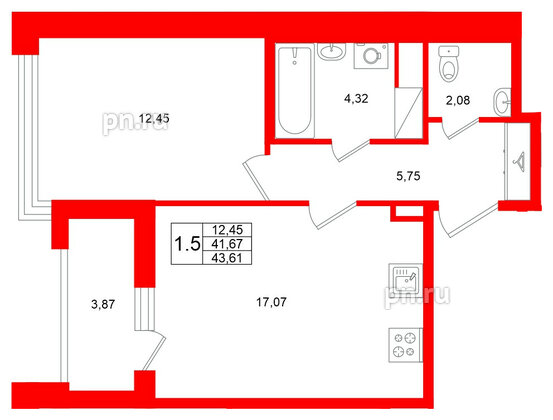 Квартира в ЖК «Титул в Московском», 1 комнатная, 41.67 м², 6 этаж