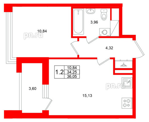 Квартира в ЖК «Титул в Московском», 1 комнатная, 34.25 м², 4 этаж