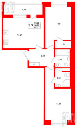 Квартира в ЖК Титул в Московском, 2 комнатная, 58.23 м², 9 этаж