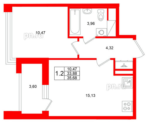 Квартира в ЖК Титул в Московском, 1 комнатная, 33.88 м², 11 этаж