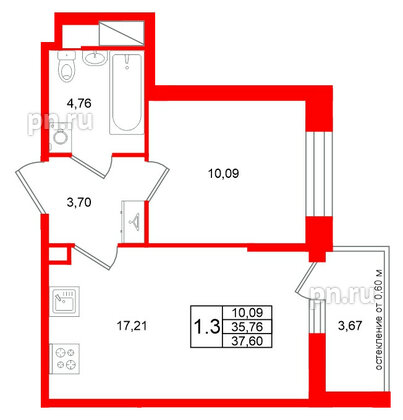 Квартира в ЖК Титул в Московском, 1 комнатная, 35.76 м², 11 этаж