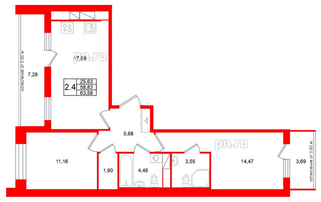 Квартира в ЖК Титул в Московском, 2 комнатная, 58.83 м², 9 этаж
