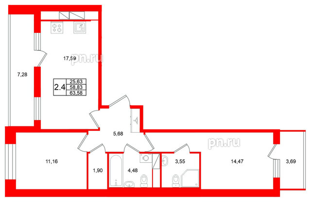 Квартира в ЖК Титул в Московском, 2 комнатная, 58.83 м², 11 этаж