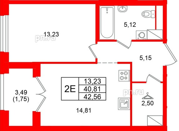 Квартира в ЖК «Речной квартал», 1 комнатная, 42.56 м², 23 этаж