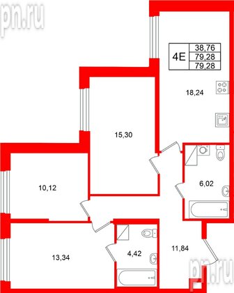 Квартира в ЖК «Речной квартал», 3 комнатная, 79.28 м², 3 этаж