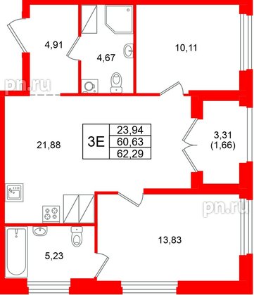 Квартира в ЖК «Речной квартал», 2 комнатная, 62.29 м², 17 этаж