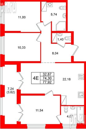 Квартира в ЖК «Речной квартал», 3 комнатная, 77.92 м², 7 этаж