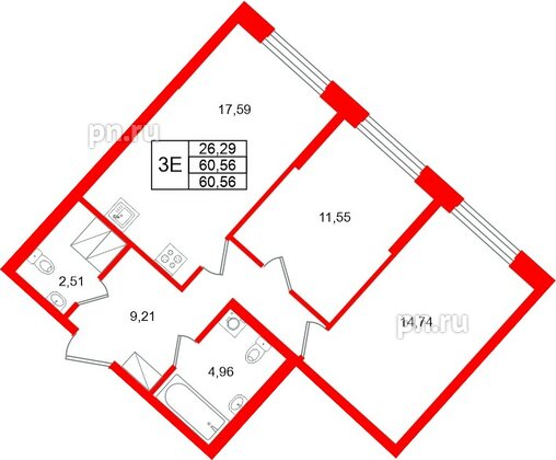 Квартира в ЖК «Речной квартал», 2 комнатная, 60.56 м², 23 этаж