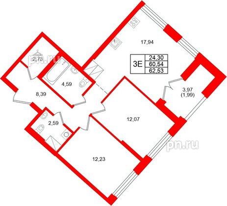 Квартира в ЖК «Речной квартал», 2 комнатная, 62.53 м², 23 этаж