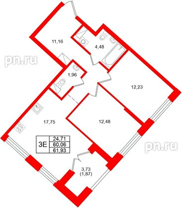 Квартира в ЖК «Речной квартал», 2 комнатная, 61.93 м², 7 этаж