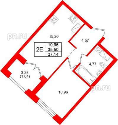 Квартира в ЖК «Речной квартал», 1 комнатная, 37.14 м², 13 этаж