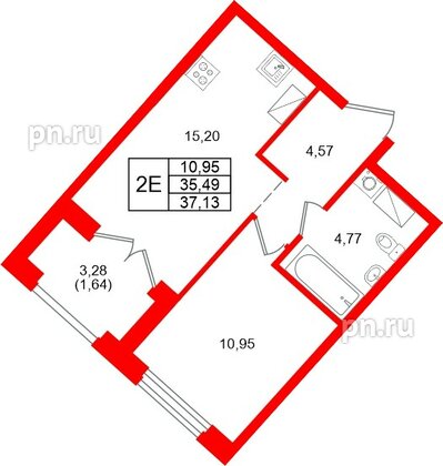 Квартира в ЖК «Речной квартал», 1 комнатная, 37.13 м², 15 этаж