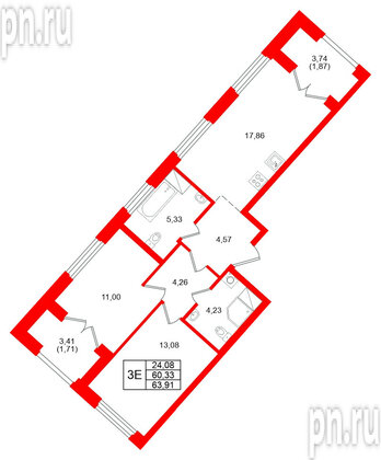 Квартира в ЖК Речной квартал, 2 комнатная, 63.91 м², 9 этаж