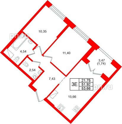 Квартира в ЖК «Речной квартал», 2 комнатная, 53.66 м², 13 этаж