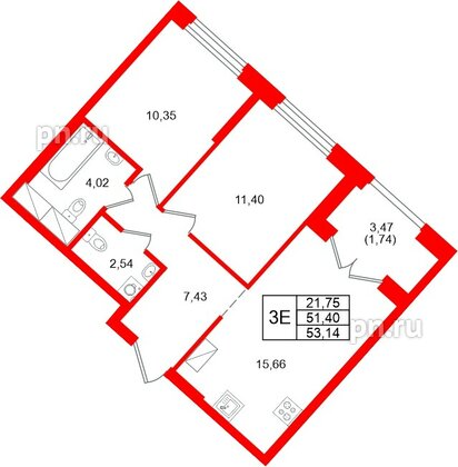 Квартира в ЖК «Речной квартал», 2 комнатная, 53.14 м², 21 этаж