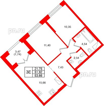 Квартира в ЖК «Речной квартал», 2 комнатная, 53.66 м², 11 этаж