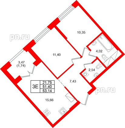 Квартира в ЖК «Речной квартал», 2 комнатная, 53.14 м², 17 этаж