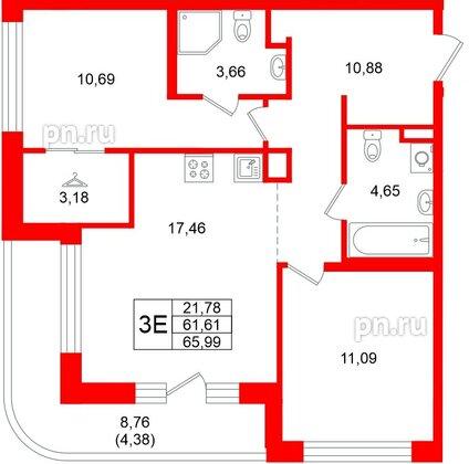 Квартира в ЖК Энфилд, 2 комнатная, 65.99 м², 2 этаж
