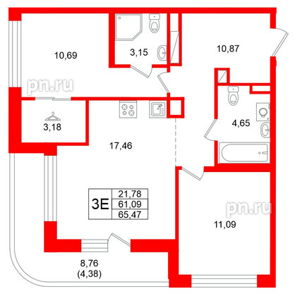 Квартира в ЖК Энфилд, 2 комнатная, 65.47 м², 10 этаж