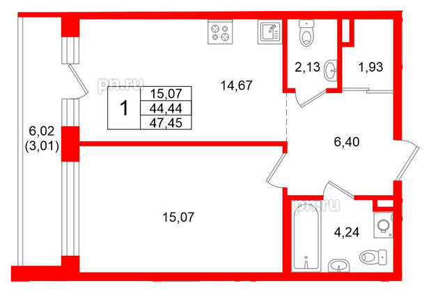 Квартира в ЖК Энфилд, 1 комнатная, 47.45 м², 3 этаж