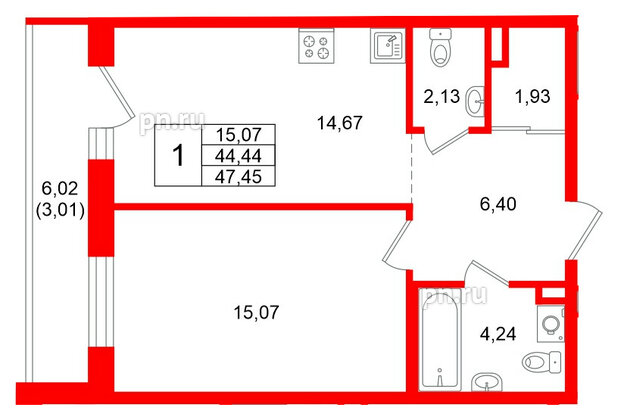 Квартира в ЖК Энфилд, 1 комнатная, 47.45 м², 6 этаж