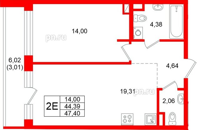 Квартира в ЖК «Энфилд», 1 комнатная, 47.4 м², 3 этаж