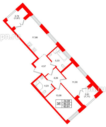 Квартира в ЖК Речной квартал, 2 комнатная, 63.91 м², 11 этаж