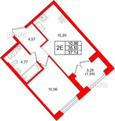 Квартира в ЖК «Речной квартал», 1 комнатная, 37.14 м², 3 этаж