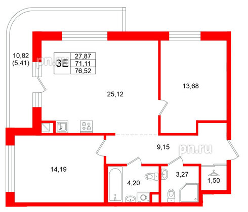 Квартира в ЖК Энфилд, 2 комнатная, 76.52 м², 3 этаж