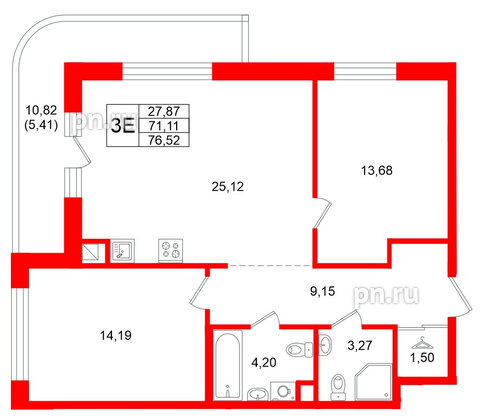 Квартира в ЖК Энфилд, 2 комнатная, 76.52 м², 10 этаж