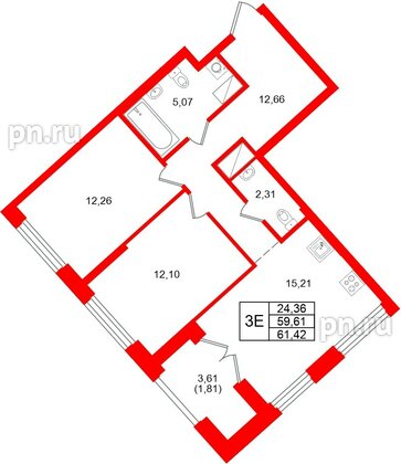 Квартира в ЖК «Речной квартал», 2 комнатная, 61.42 м², 11 этаж