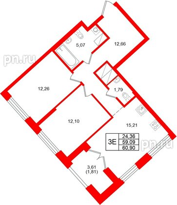 Квартира в ЖК «Речной квартал», 2 комнатная, 60.9 м², 15 этаж