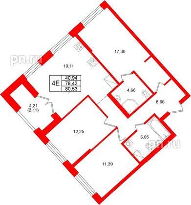 Квартира в ЖК «Речной квартал», 3 комнатная, 80.53 м², 11 этаж