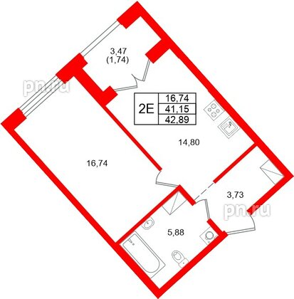 Квартира в ЖК «Речной квартал», 1 комнатная, 42.89 м², 7 этаж