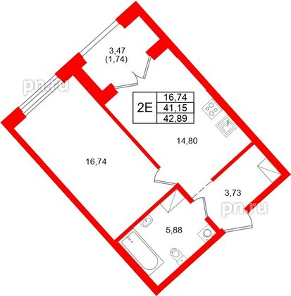 Квартира в ЖК «Речной квартал», 1 комнатная, 42.89 м², 19 этаж