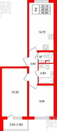 Квартира в ЖК «Ручьи–2», 2 комнатная, 50 м², 6 этаж