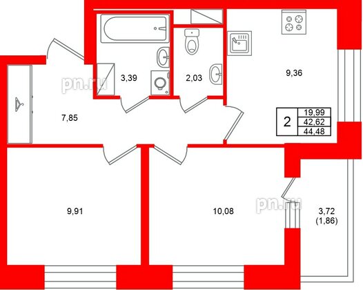 Квартира в ЖК «Аквилон Солар», 2 комнатная, 44.48 м², 9 этаж