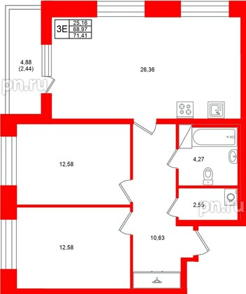 Квартира в ЖК «Аквилон Солар», 2 комнатная, 71.41 м², 4 этаж